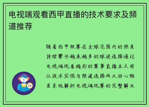 电视端观看西甲直播的技术要求及频道推荐
